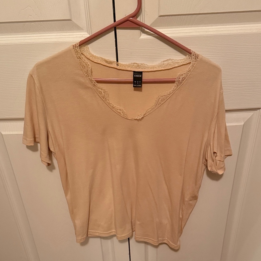 Shein Light Yellow Lace-Trimmed Short Sleeve Top
